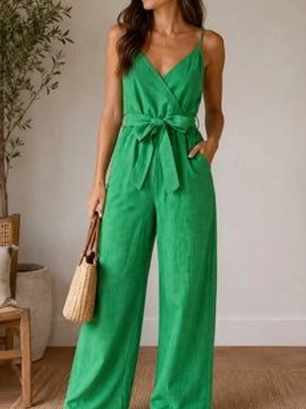 Flying Tomato Emerald Green Wrap-Front Wide-Leg Jumpsuit size large